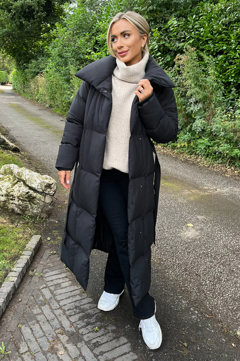 Black Tie Waist Quilted Longline Puffer Coat - Swimclubus