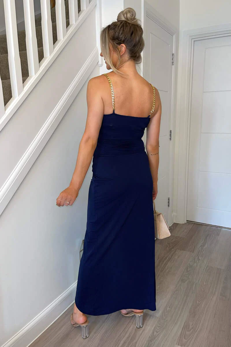 Navy Wrap Over Midi Dress With Chain Straps - Swimclubus