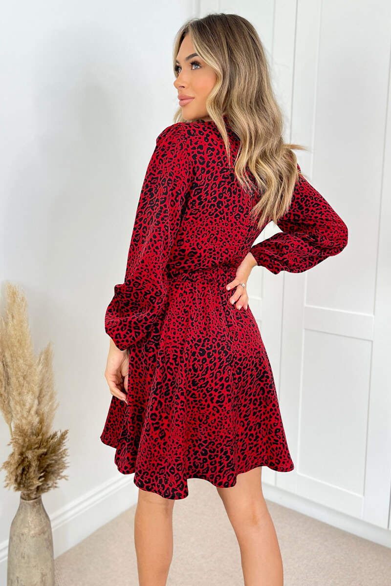 Red Leopard Print Gold Belted Skater Dress - Swimclubus