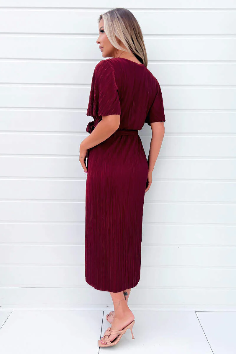 Wine Wrap Top Belted Short Sleeve Plisse Midi Dress - Swimclubus