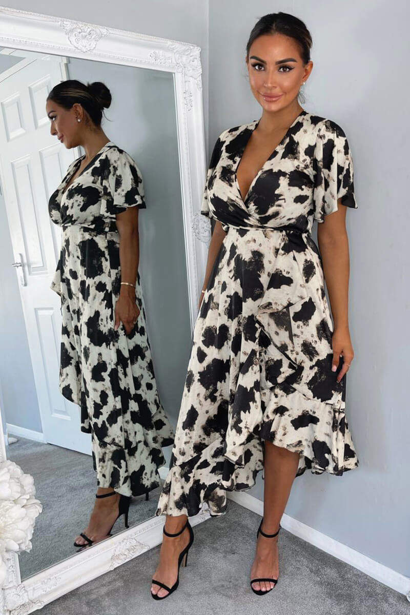 Black And Stone Abstract Print Wrap Midi Dress - Swimclubus