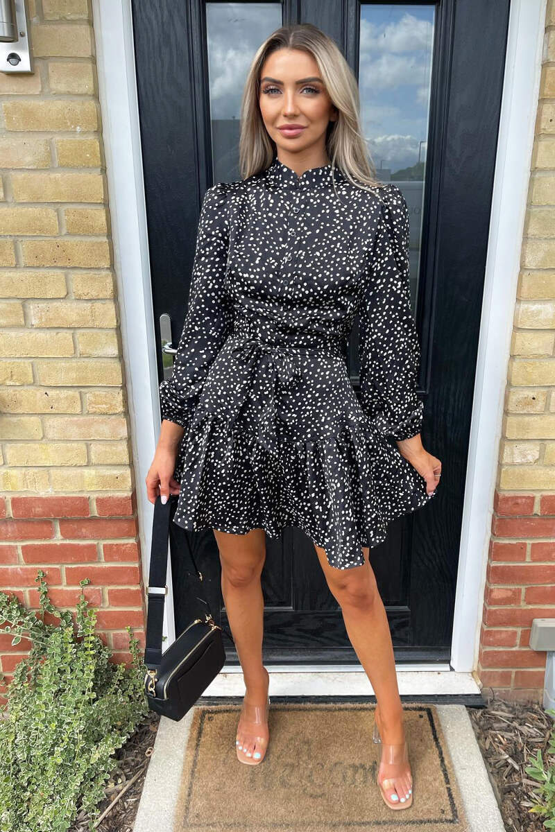 Black Tie Waist Button Up Long Sleeve Dress - Swimclubus