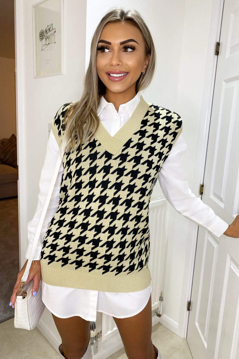 Stone and Black Dogtooth Knitted Tank Top - Swimclubus