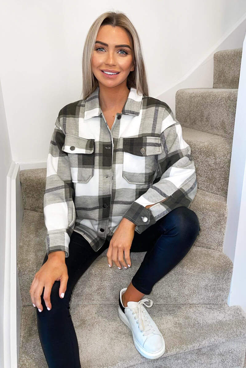 Khaki Double Pocket Checked Shirt Jacket - Swimclubus