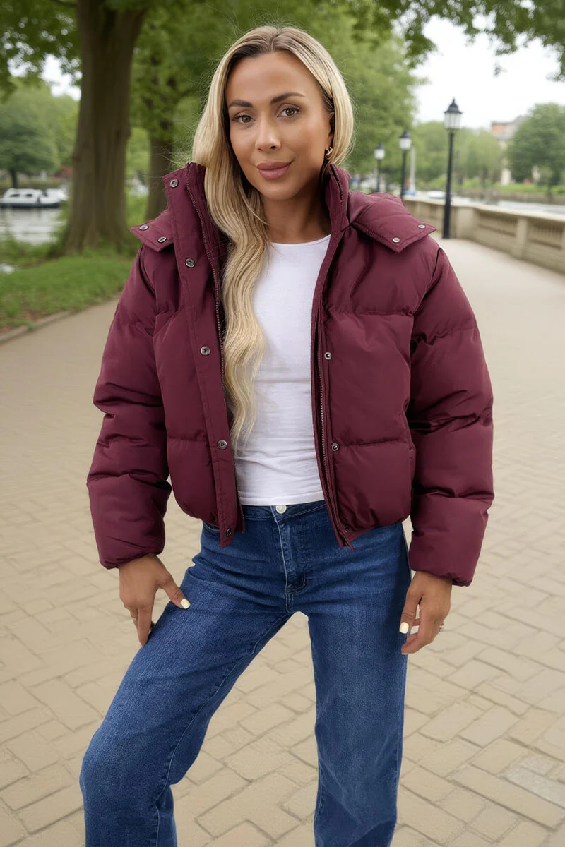 Burgundy Hooded Short Puffer Coat - Swimclubus