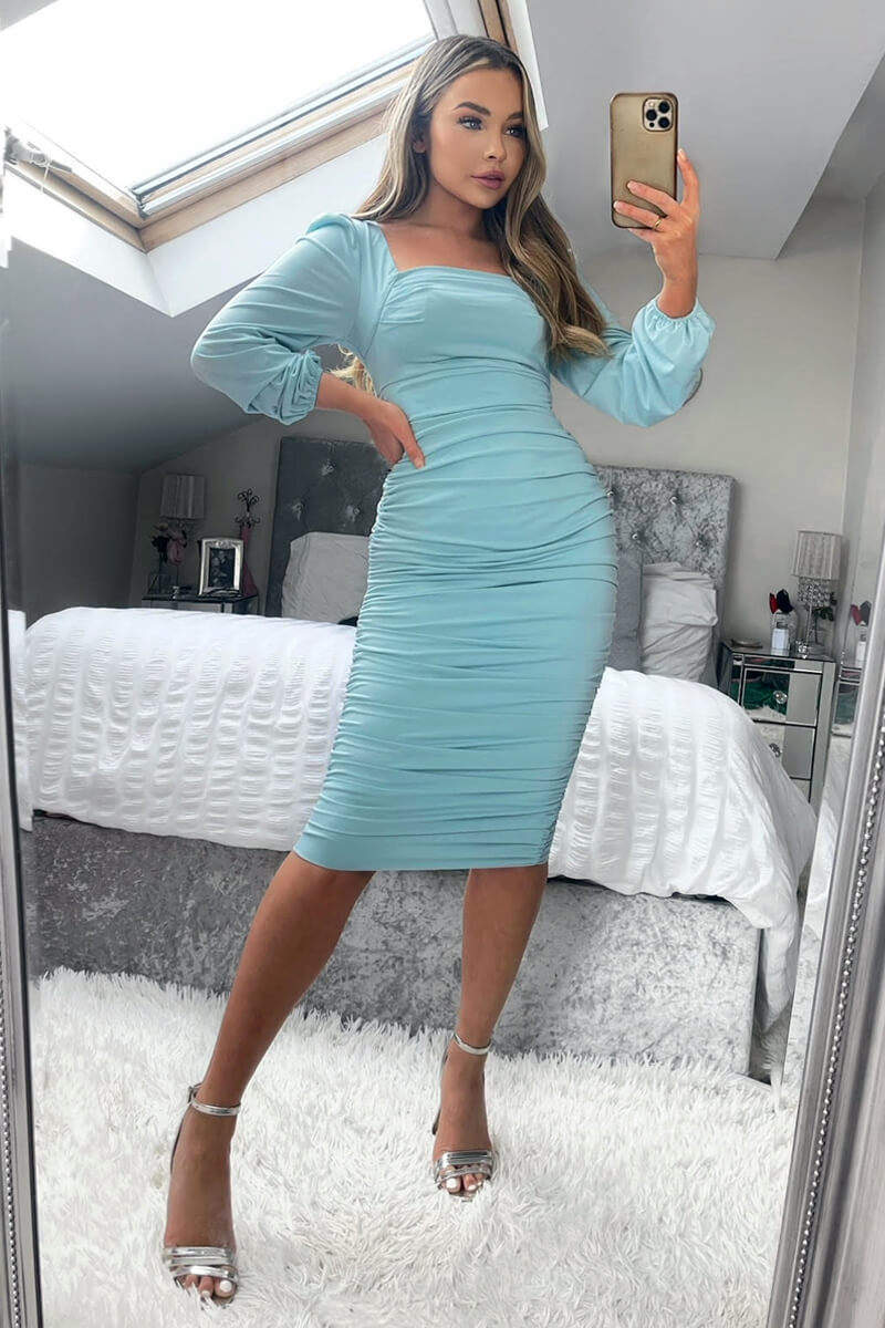 Powder Blue Square Neck Ruched Long Sleeve Midi Dress - Swimclubus