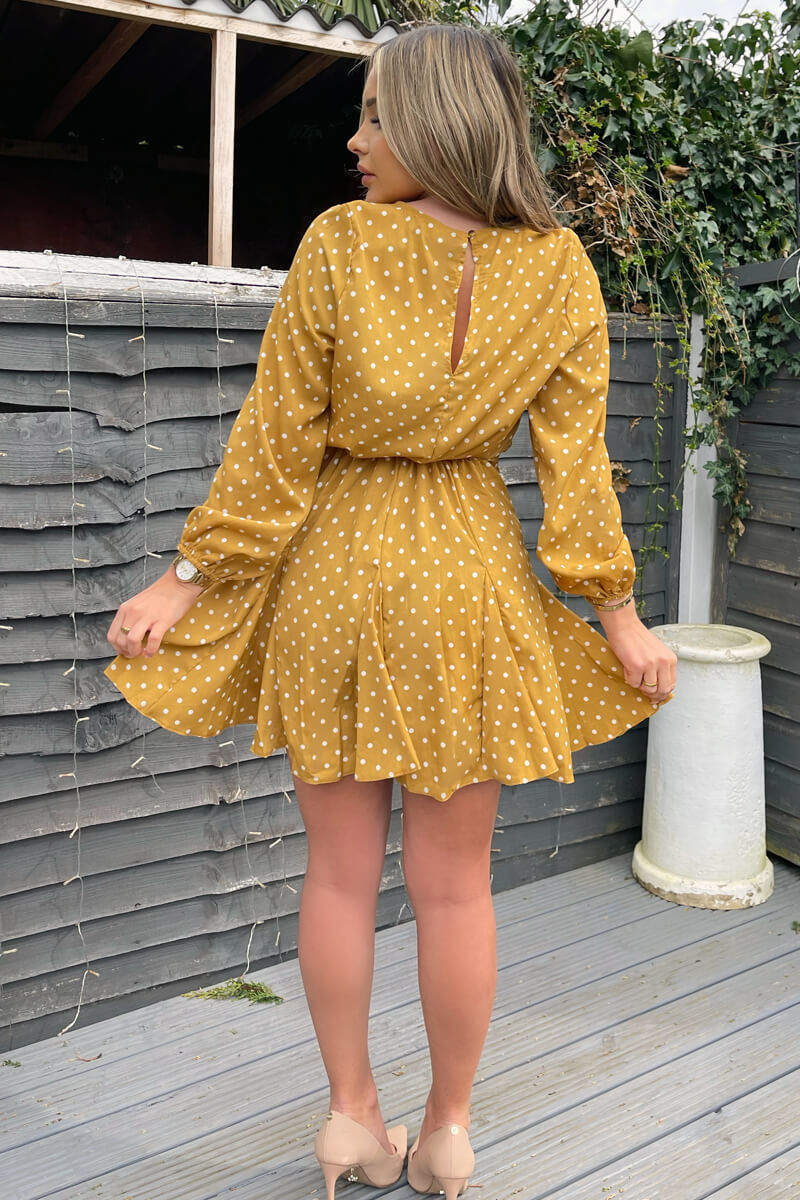 Mustard Polka Dot Long Sleeve Skater Dress - Swimclubus