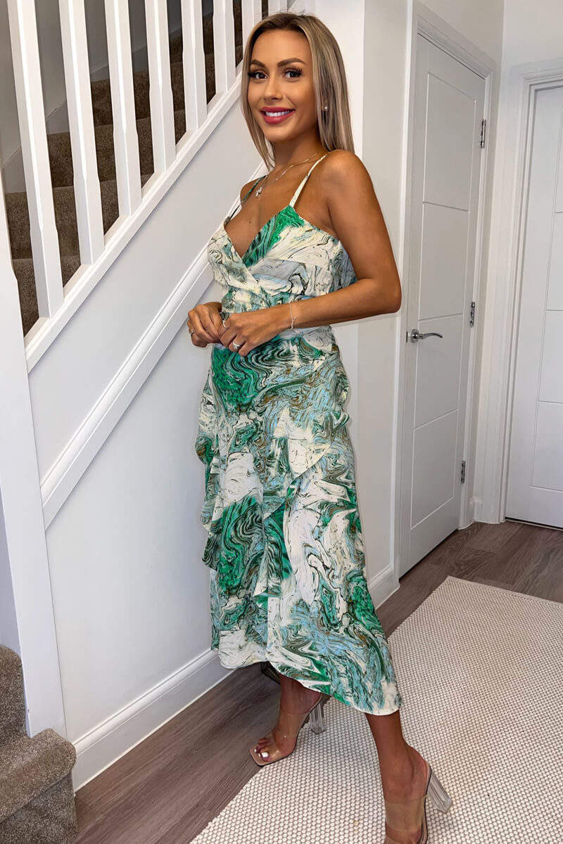 Green Marble Print Double Frill Strappy Midi Dress - Swimclubus