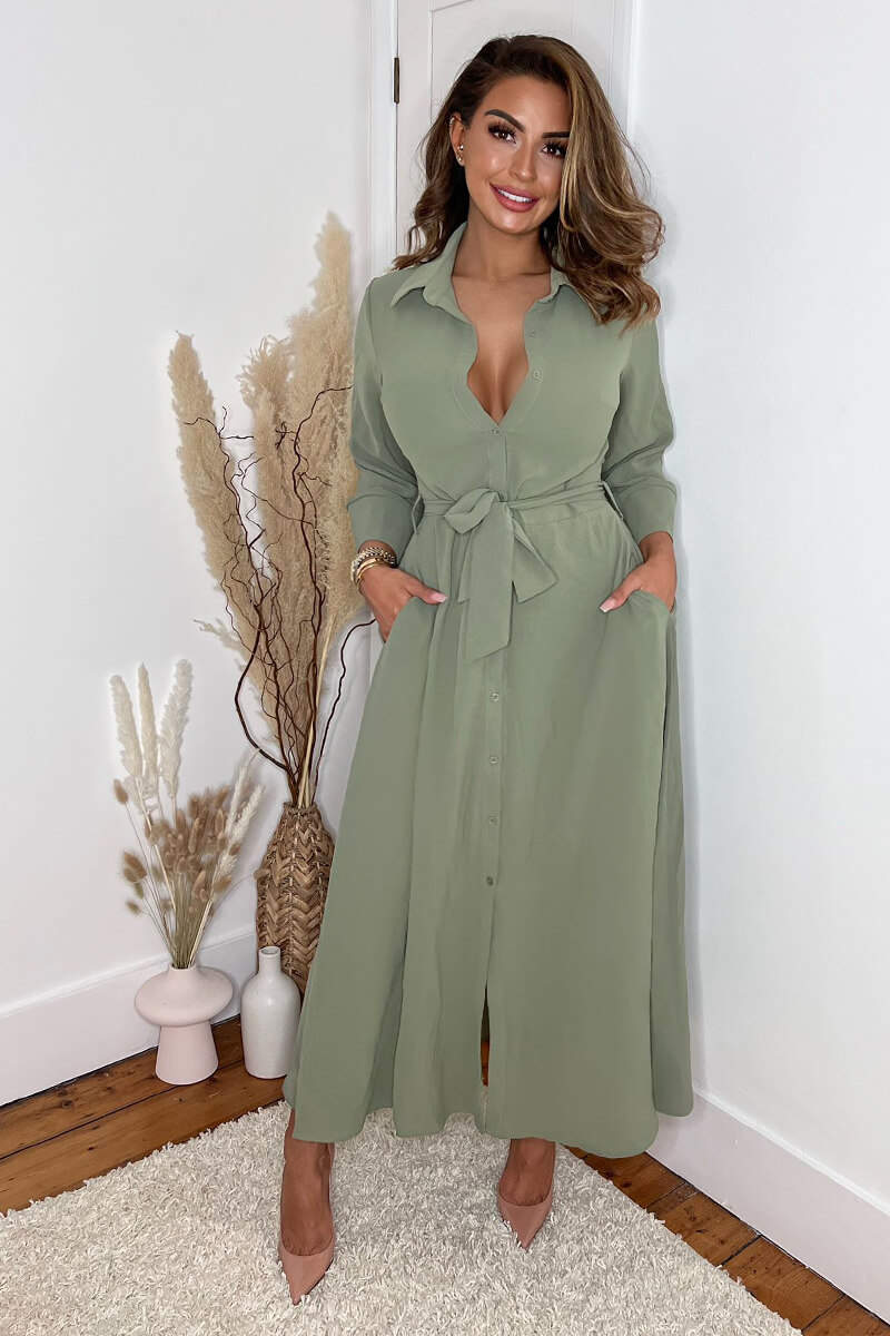 Khaki Button Up Midi Shirt Dress - Swimclubus