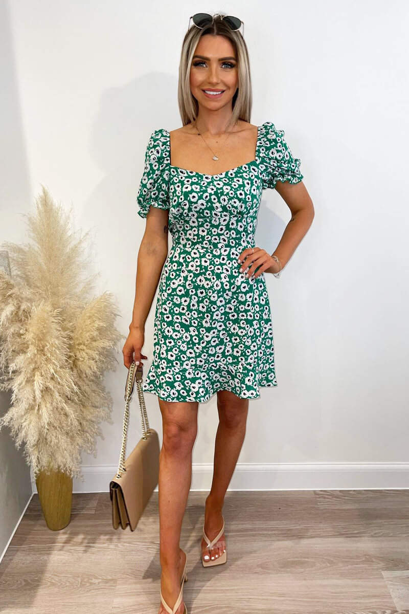 Green Floral Print Milkmaid Neckline Dress - Swimclubus