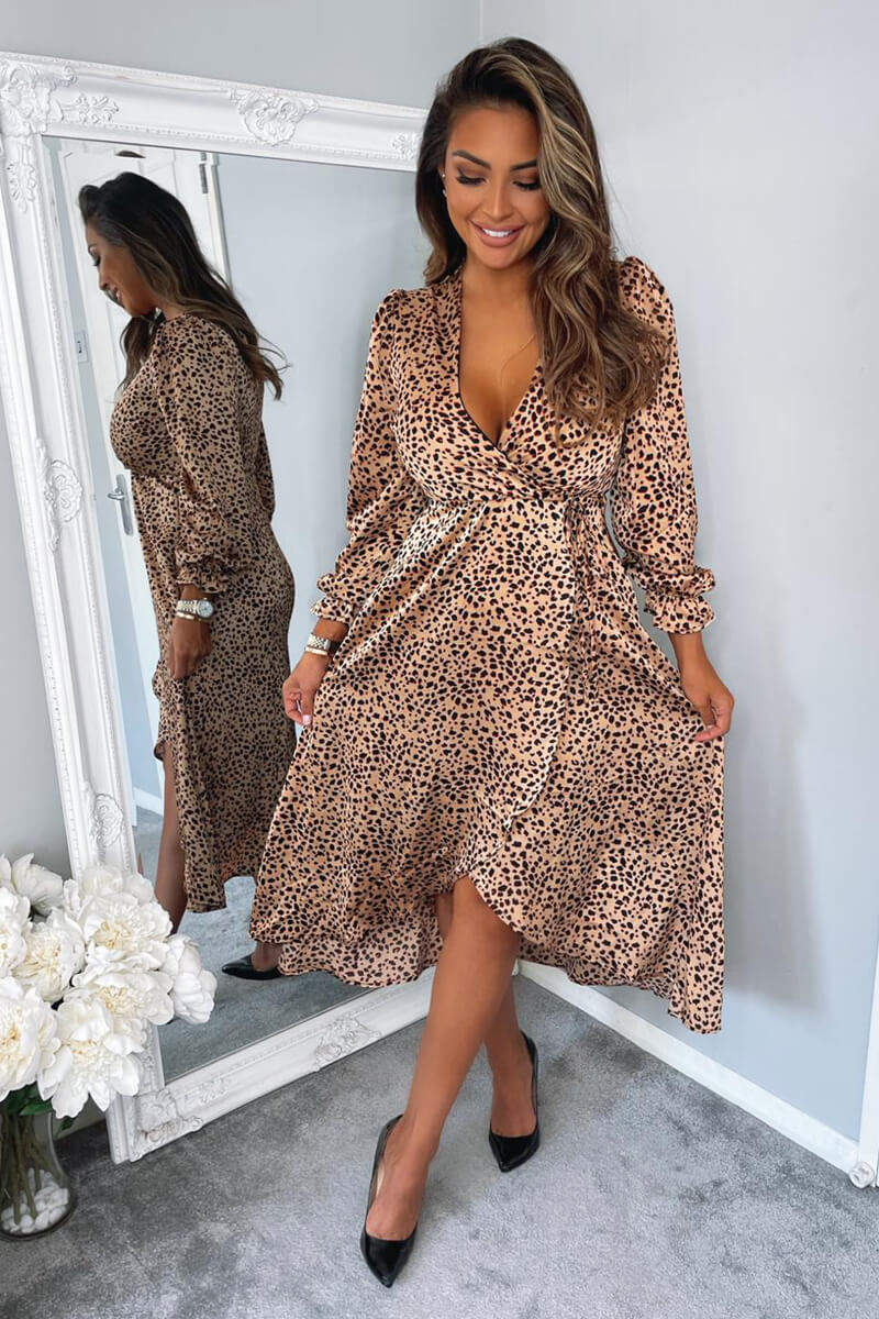 Red Animal Print Tie Side Wrap Over Midi Dress - Swimclubus