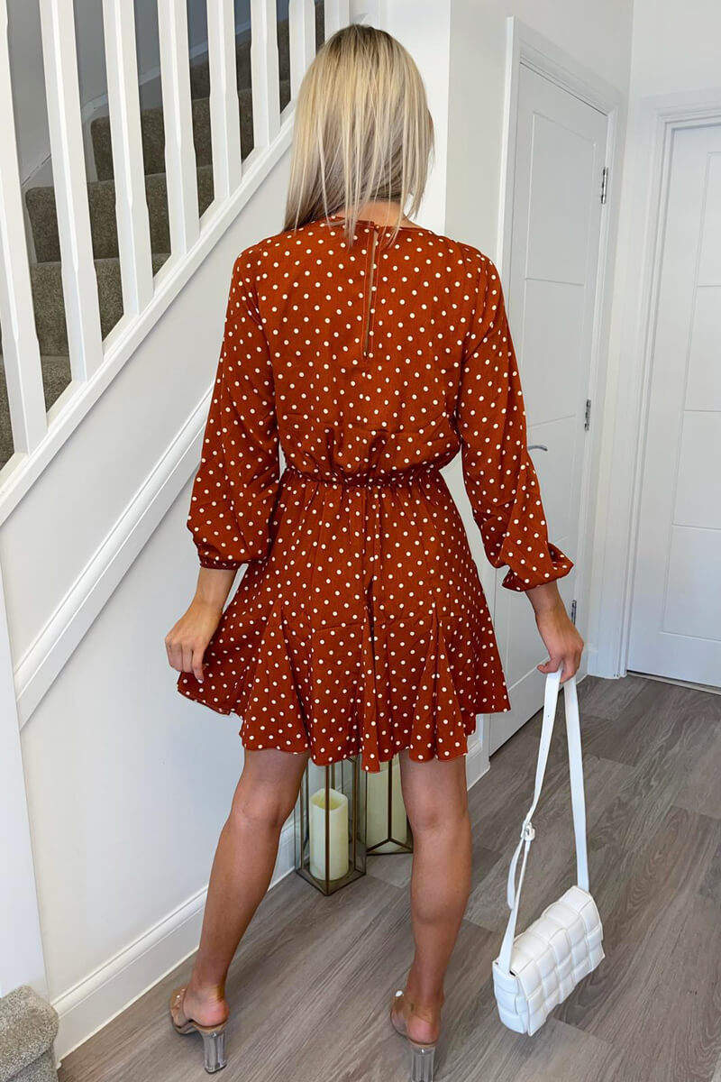 Rust Polka Dot Pleat Dress - Swimclubus