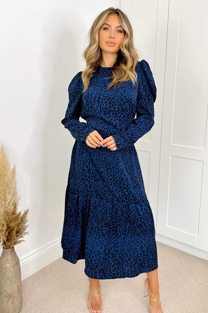 Blue Animal Print Long Sleeve Smock Dress - Swimclubus