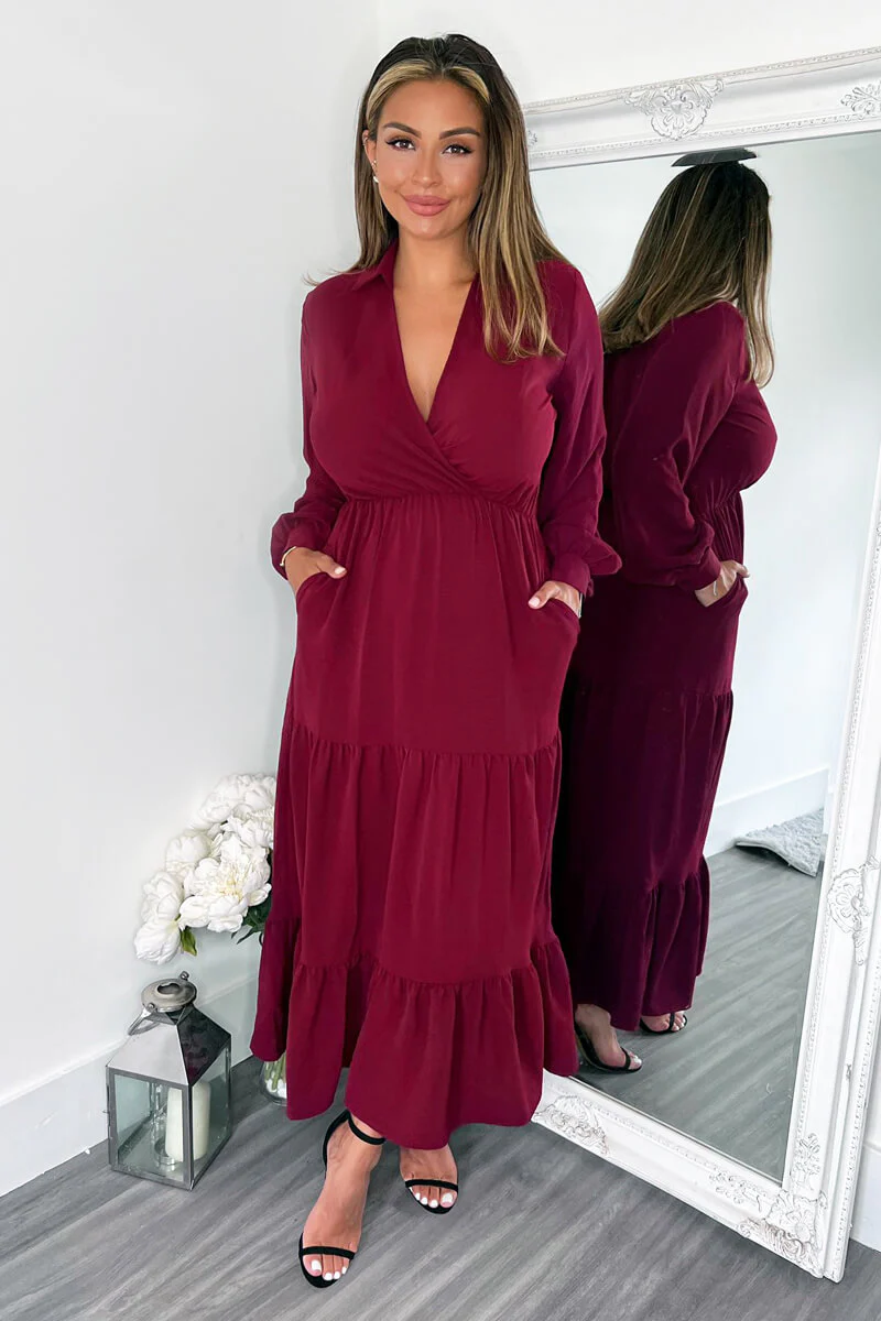 Wine Long Sleeve Wrap Top Smock Midi Dress - Swimclubus