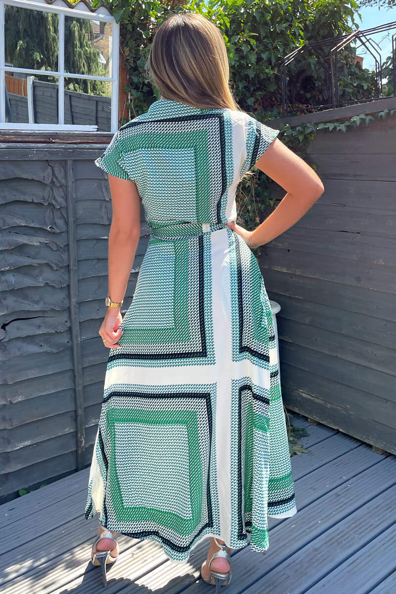 Green Printed Tie Waist Button Up Midi Dress - Swimclubus