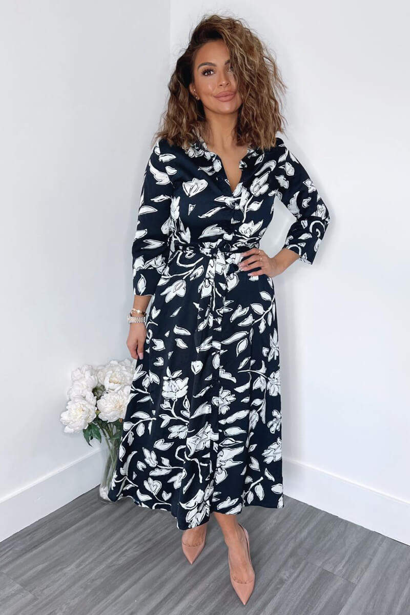 Navy And White Floral Printed Midi Shirt Dress - Swimclubus