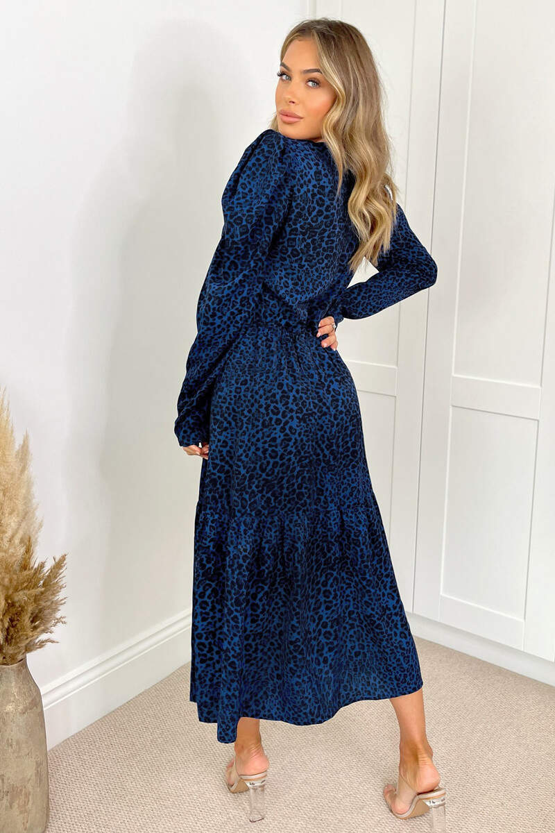 Blue Animal Print Long Sleeve Smock Dress - Swimclubus