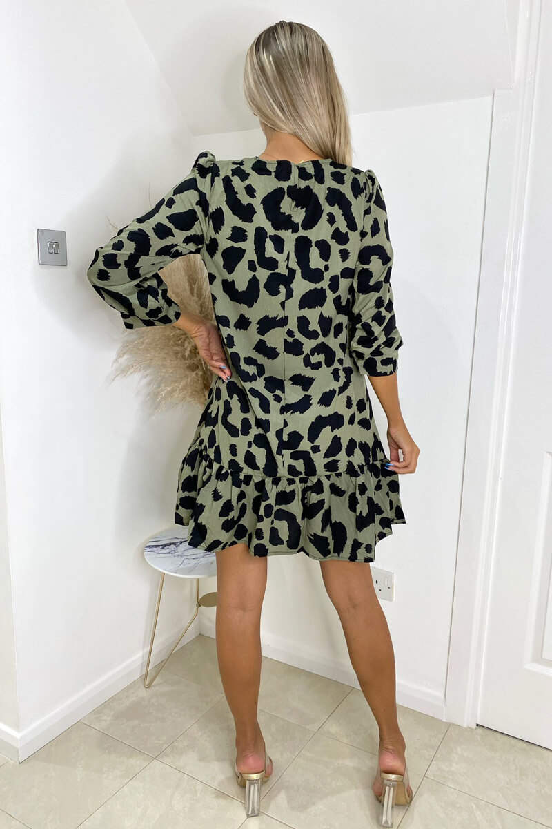 Khaki Animal Frill Hem Shift Dress - Swimclubus