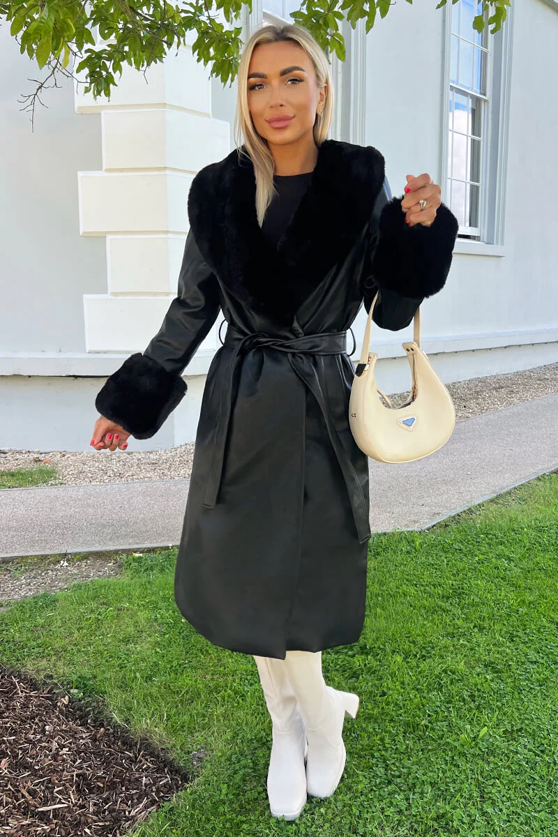 Black Faux Fur Trim Leather Look Long Coat - Swimclubus