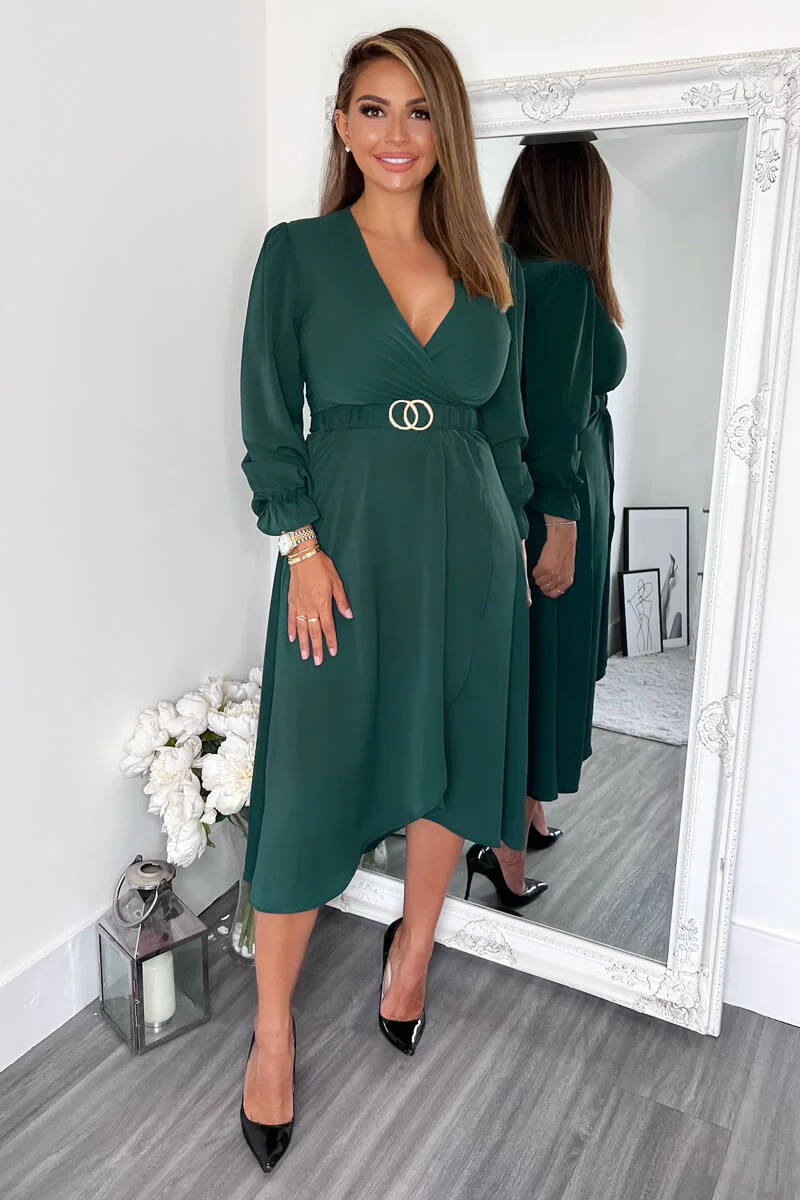 Teal Long Sleeve Belted Midi Dress - Swimclubus