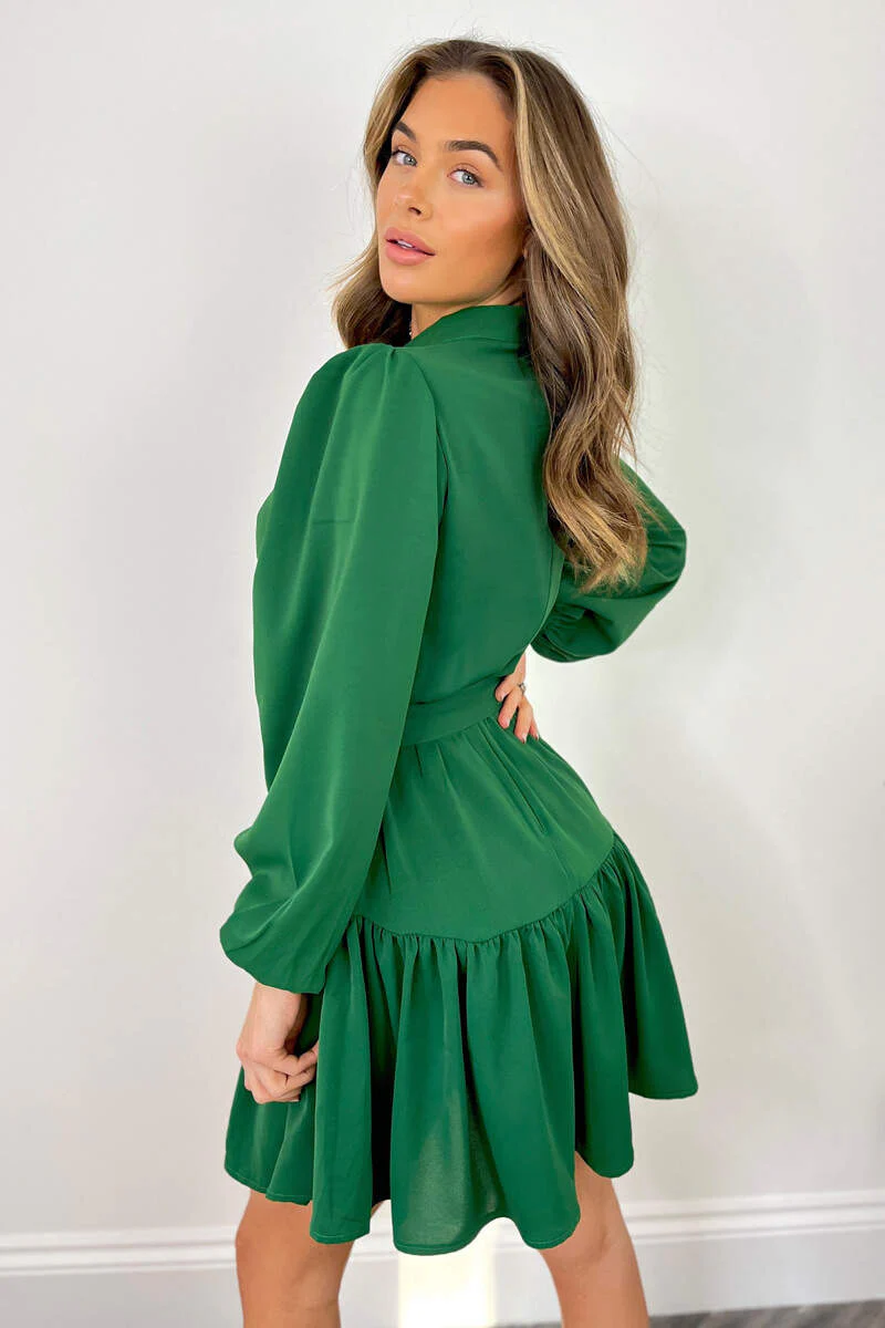 Green High Neck Button Frill Hem Dress - Swimclubus