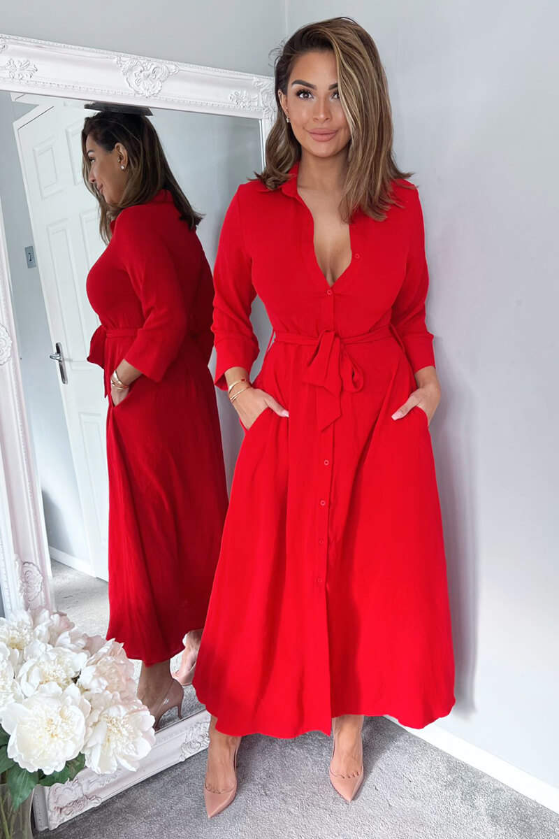 Red Button Up Midi Shirt Dress - Swimclubus
