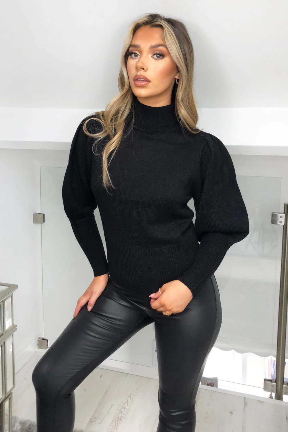 Black Puff Sleeve Roll Neck Jumper - Swimclubus