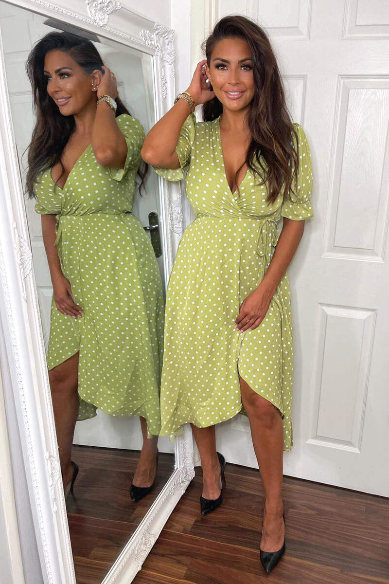 Olive Polka Dot Puff Sleeve Wrap Midi Dress - Swimclubus