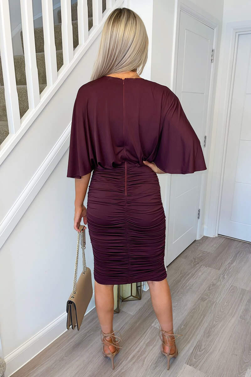 Plum Ruched Cape Sleeve Midi Dress - Swimclubus
