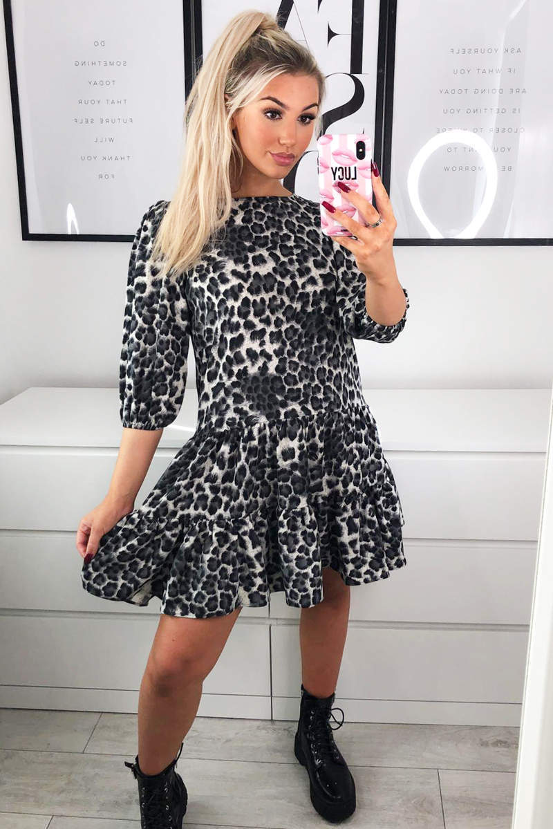 Grey Printed Frill Swing Dress - Swimclubus