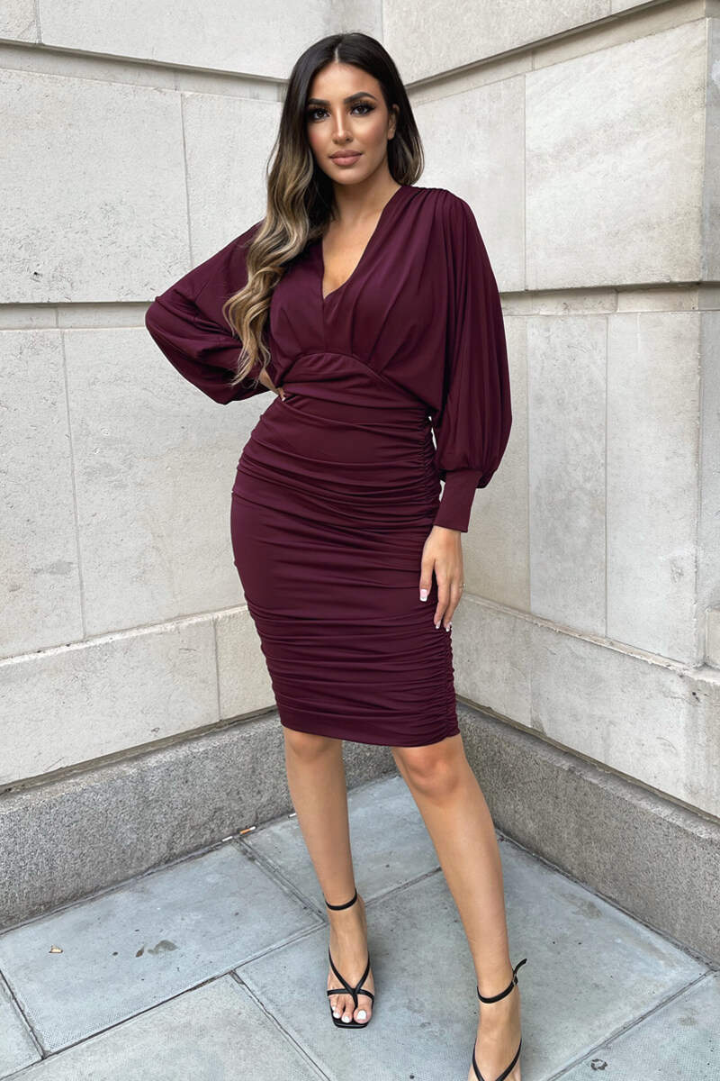 Plum Ruched Bat Wing Sleeve Midi Dress - Swimclubus