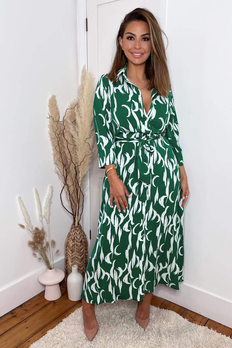 Green And White Printed Button Up Long Sleeve Midi Dress - Swimclubus