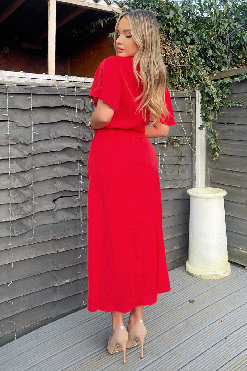 Red Ruched Split Leg Midi Dress - Swimclubus