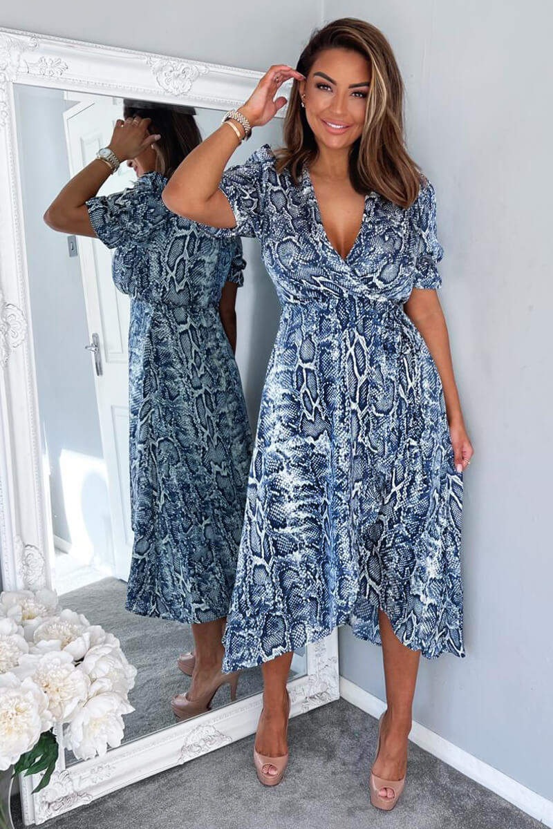 Blue Snake Print Tie Side Wrap Midi Dress - Swimclubus
