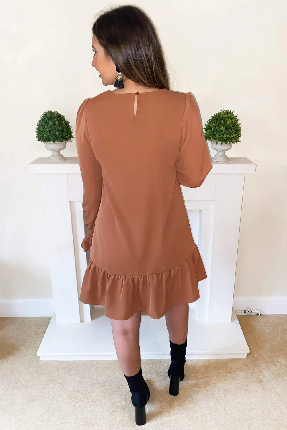 Camel Long Sleeve Frill Shift Dress - Swimclubus