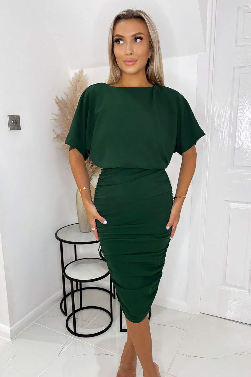 Forest Green Short Sleeve Side Ruched Midi Dress - Swimclubus