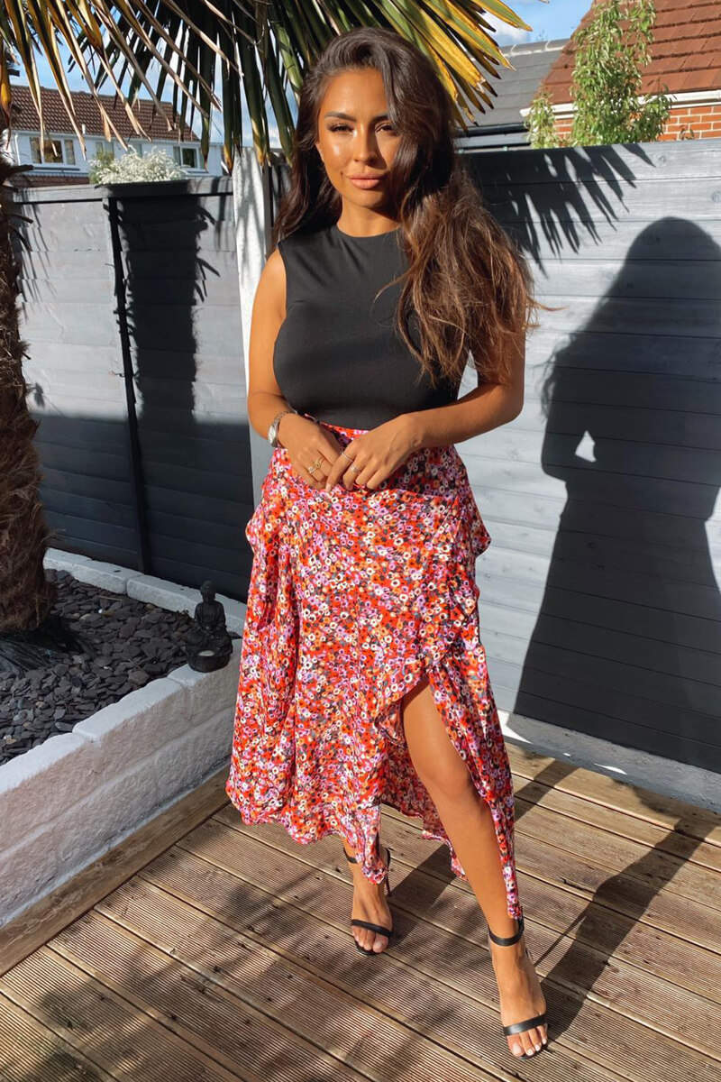 Red Printed Skirt 2 in 1 Midi Dress - Swimclubus