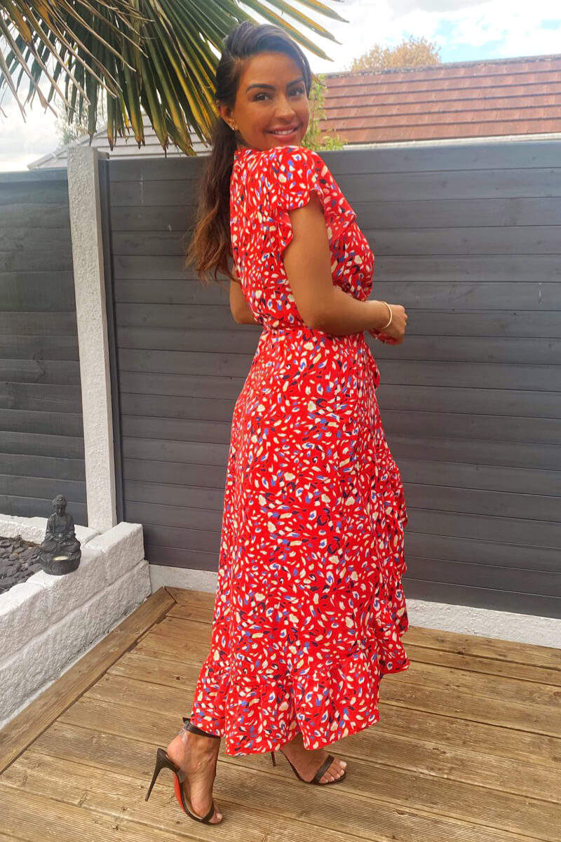 Red Abstract Print Wrap Midi Dress - Swimclubus