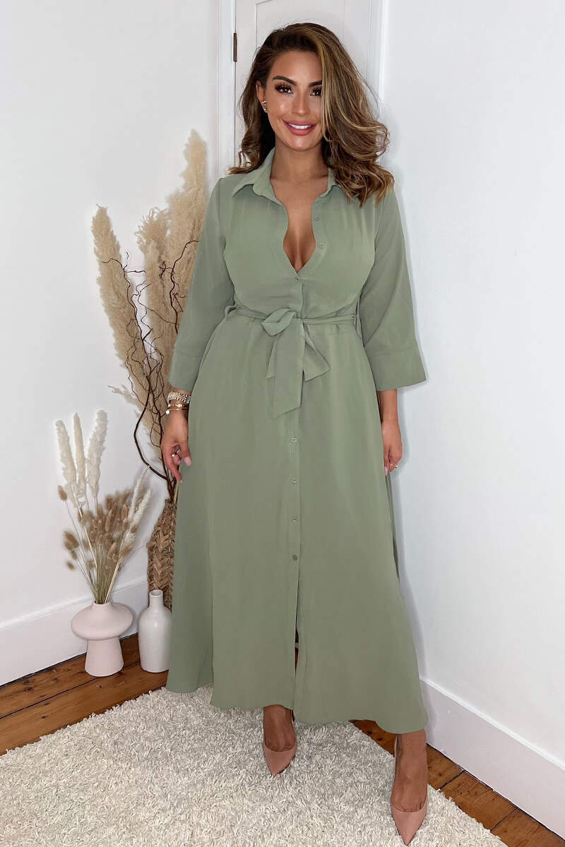 Khaki Button Up Midi Shirt Dress - Swimclubus
