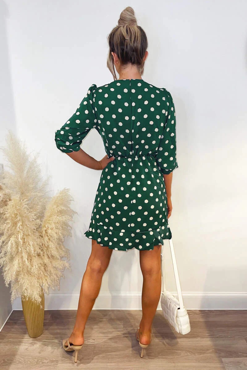 Green Spot Printed Frill Hem Dress - Swimclubus