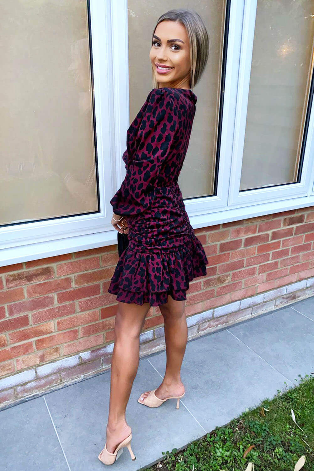 Plum Printed Long Sleeve Ruched Frill Dress - Swimclubus