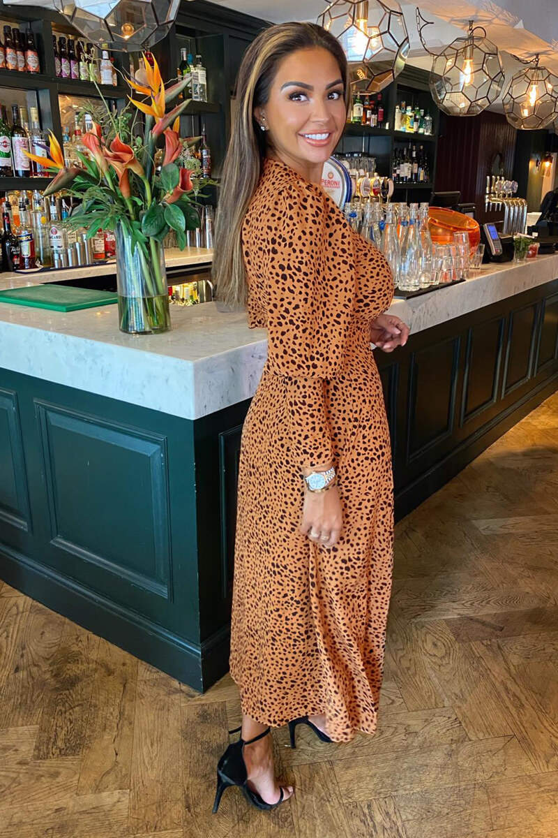 Tan Printed V-Neck Split Skirt Midi Dress - Swimclubus