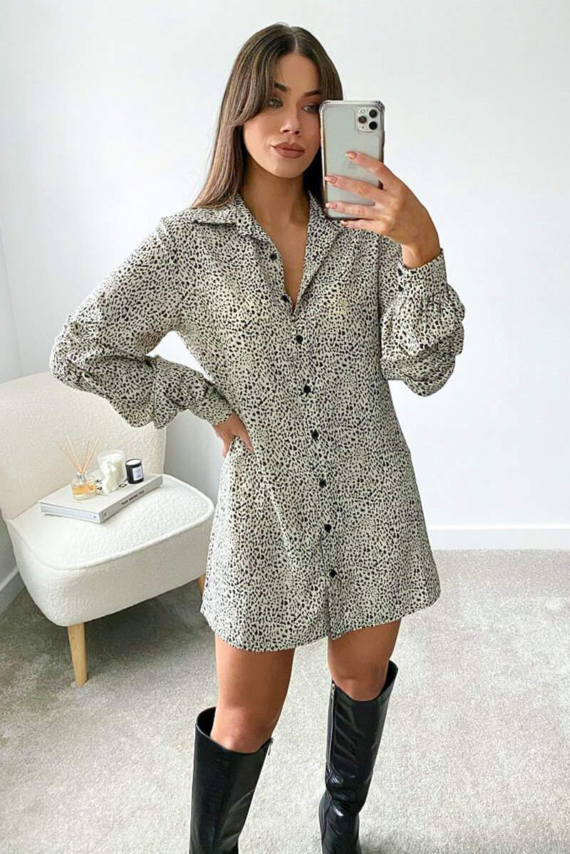 Cream Animal Printed Button up Shirt Dress - Swimclubus