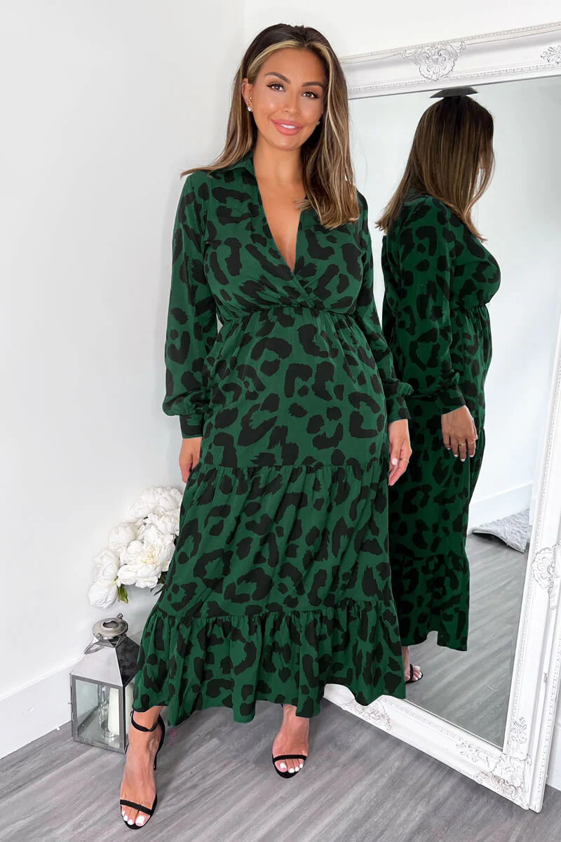 Green Leopard Print Long Sleeve Smock Midi Dress - Swimclubus