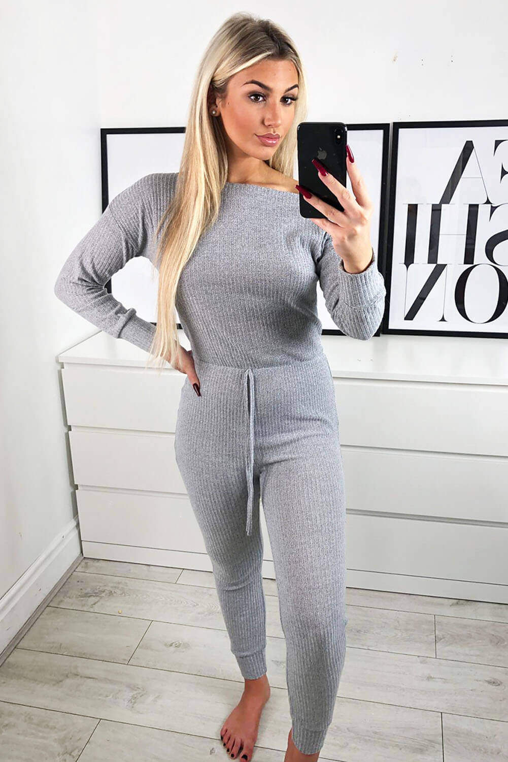 Silver Knitted Long Sleeve Jumpsuit - Swimclubus