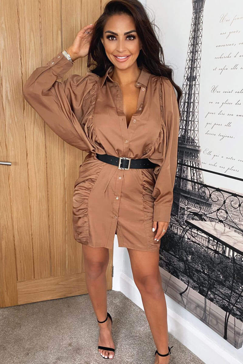 Camel Balloon Sleeve Ruched Shirt Dress - Swimclubus