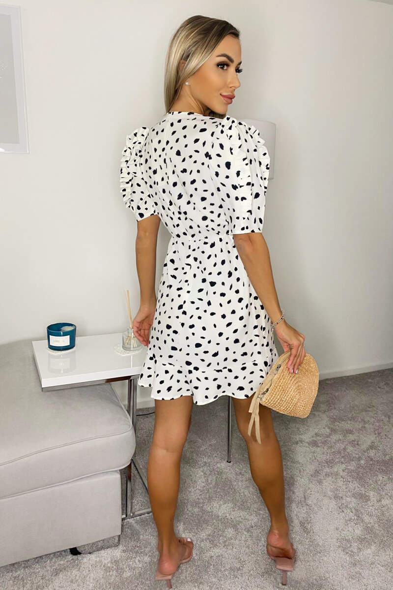 Cream Printed Pleat Sleeve Wrap Dress - Swimclubus
