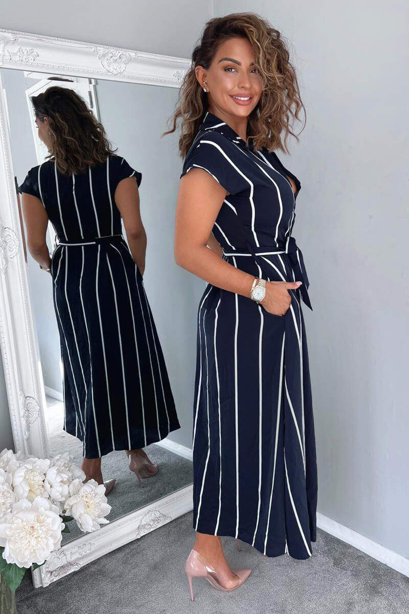 Navy Striped Short Sleeve Midi Shirt Dress - Swimclubus