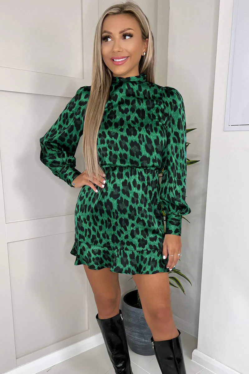 Green Animal Print High Neck Skater Dress - Swimclubus