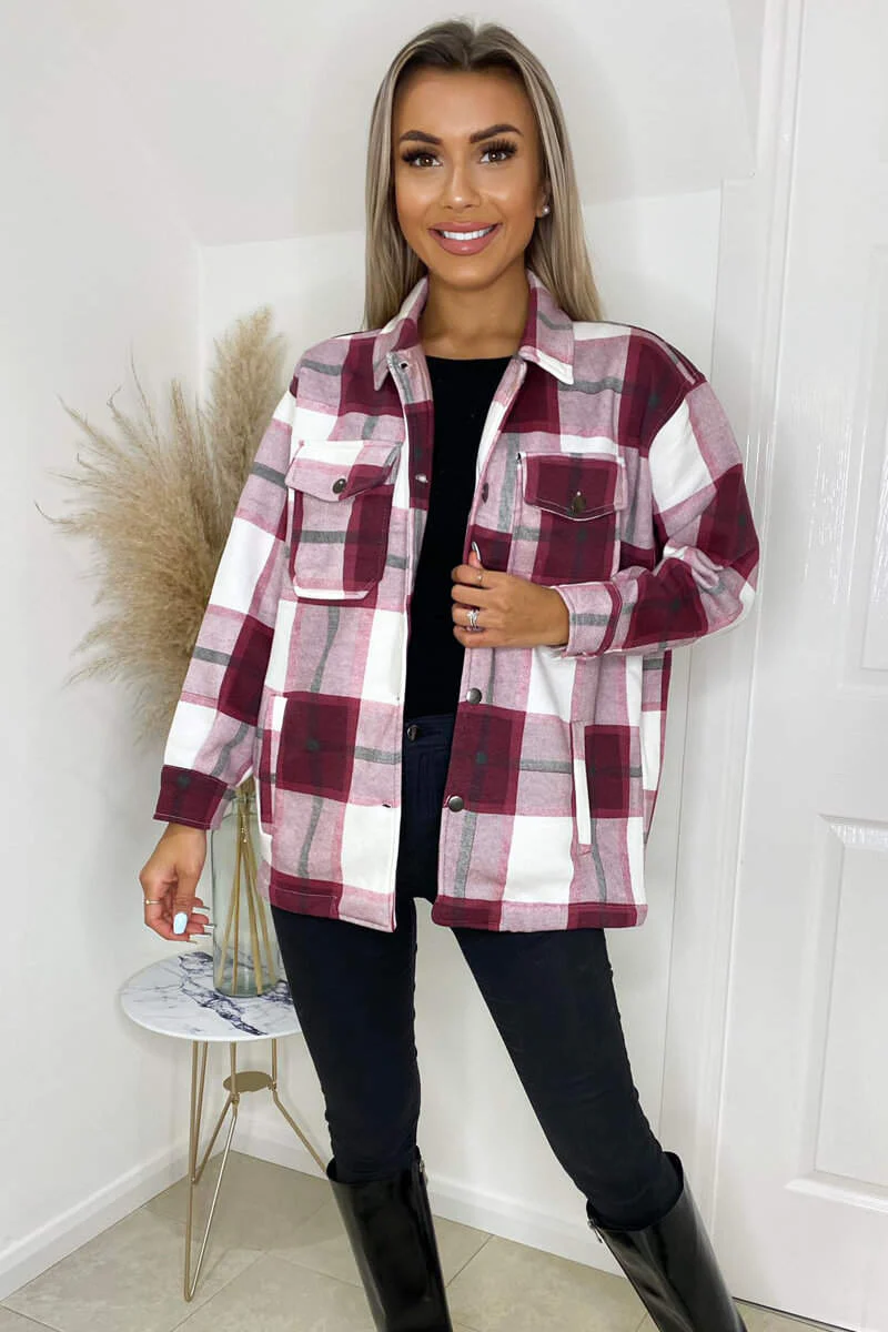 Wine Checked Shirt Jacket - Swimclubus